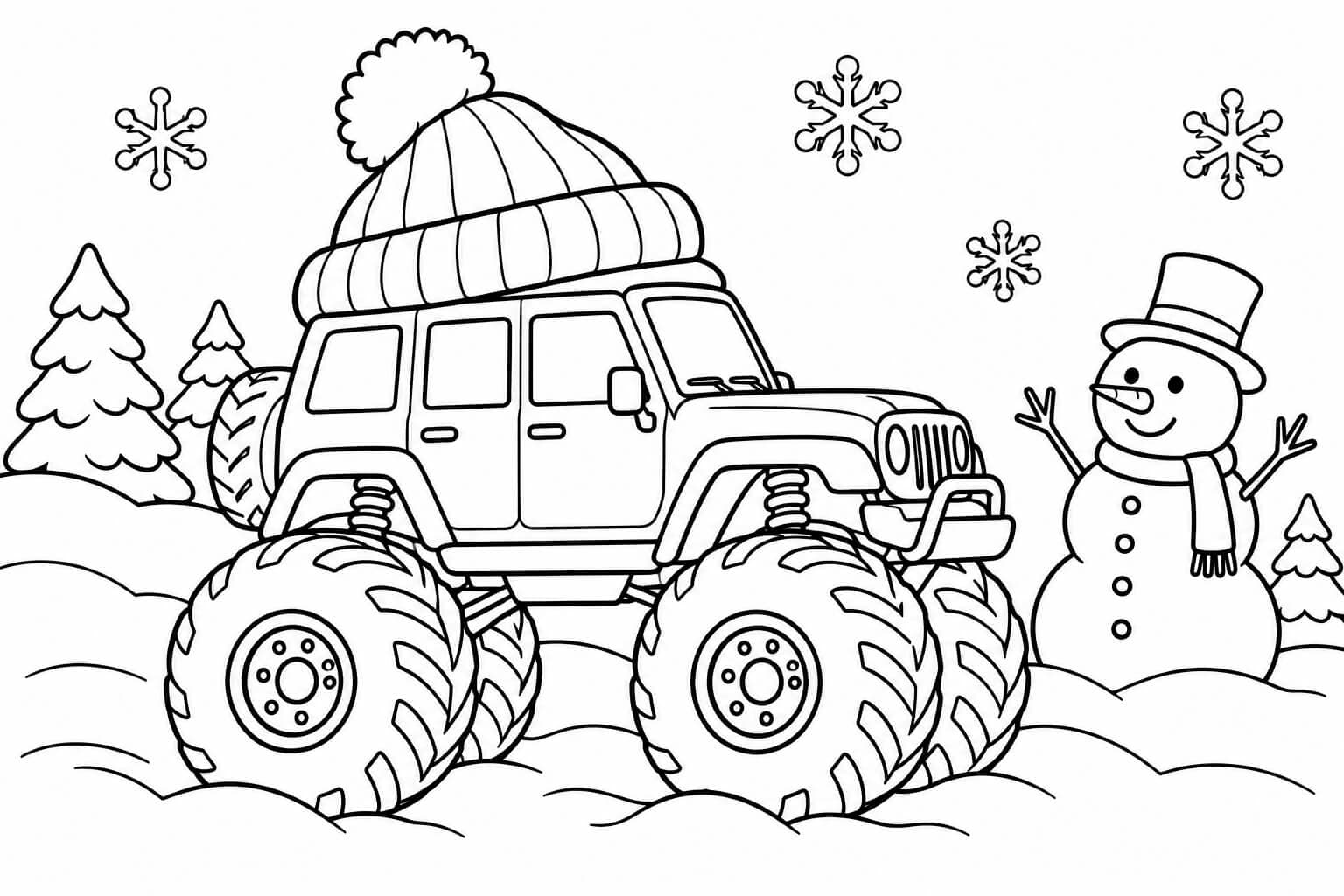 Monster truck na neve — desenho para colorir em preto e branco