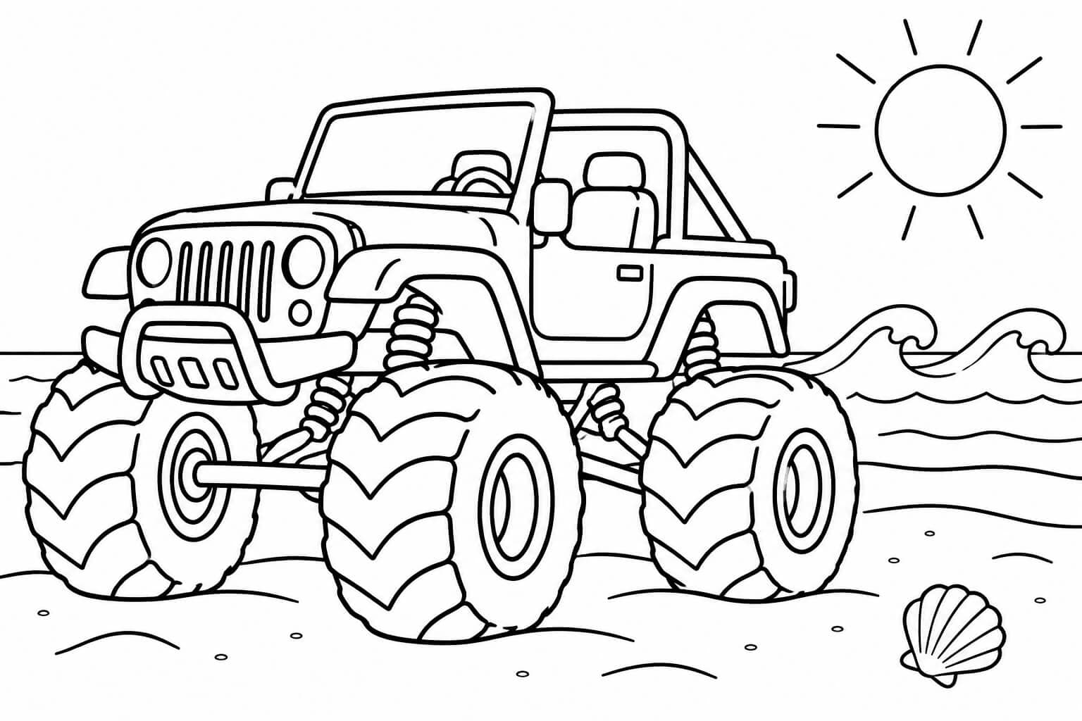 Monster truck na praia — desenho para colorir em preto e branco