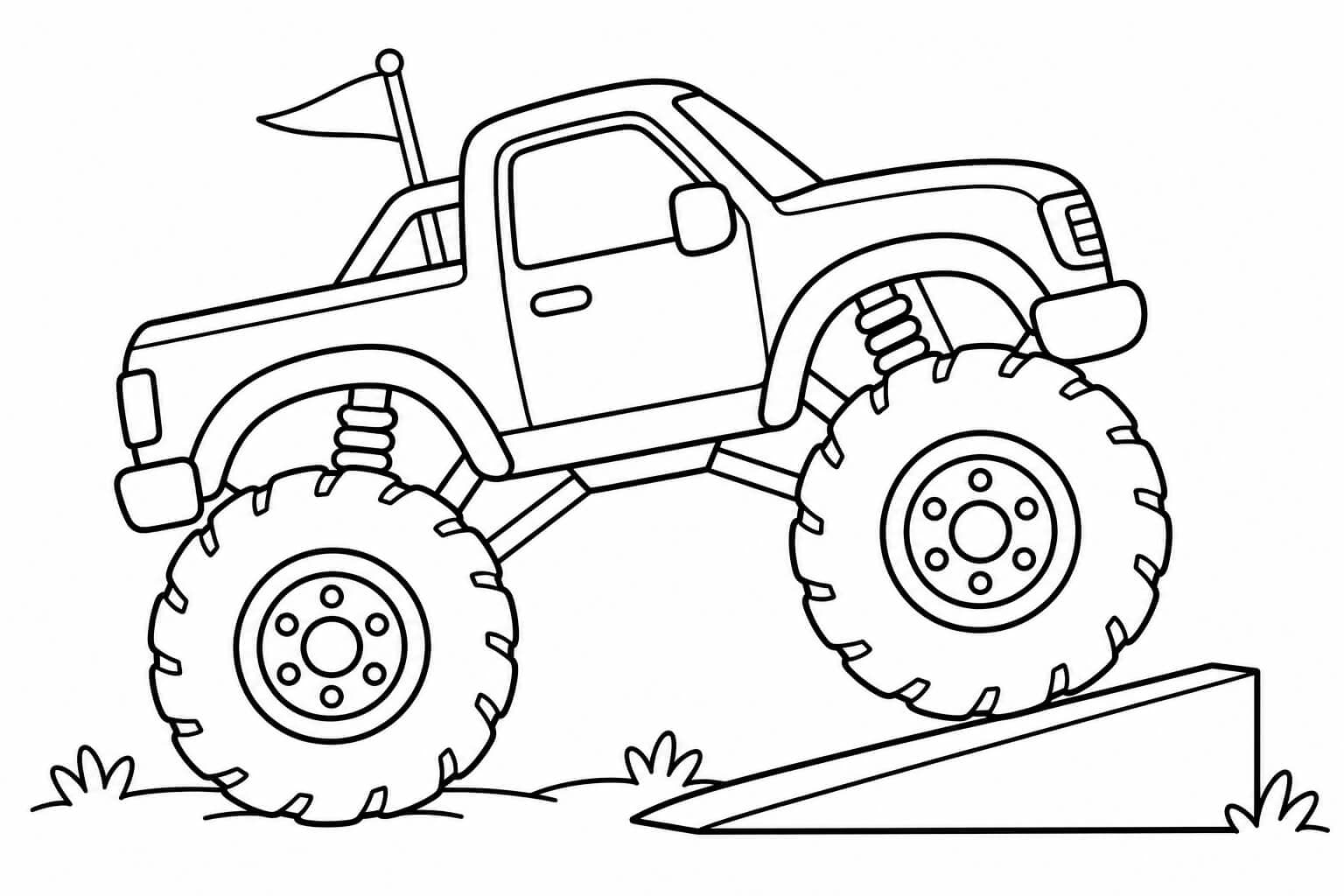 Monster truck na rampa — desenho para colorir em preto e branco