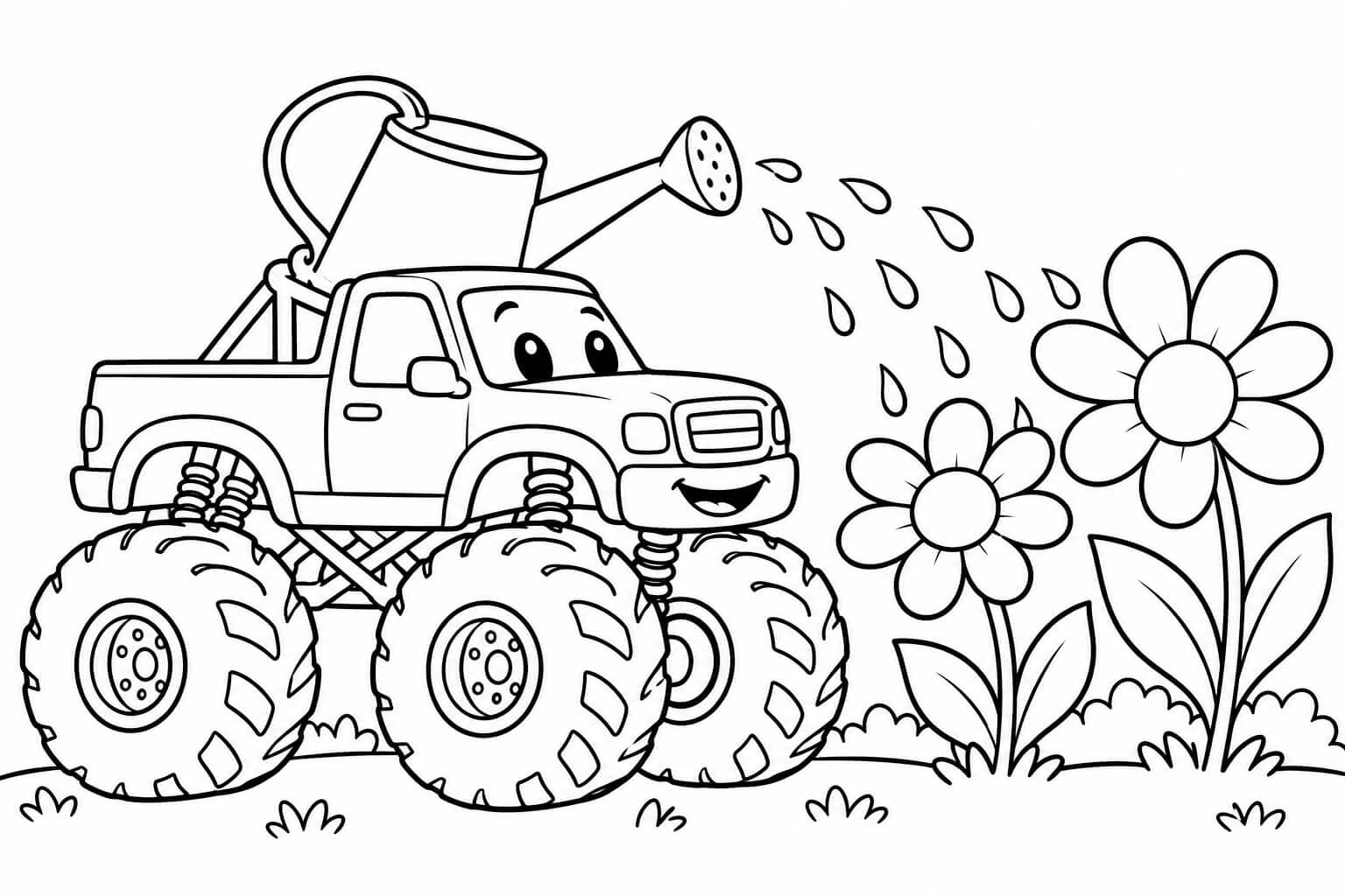 Monster truck no jardim de flores — desenho para colorir em preto e branco
