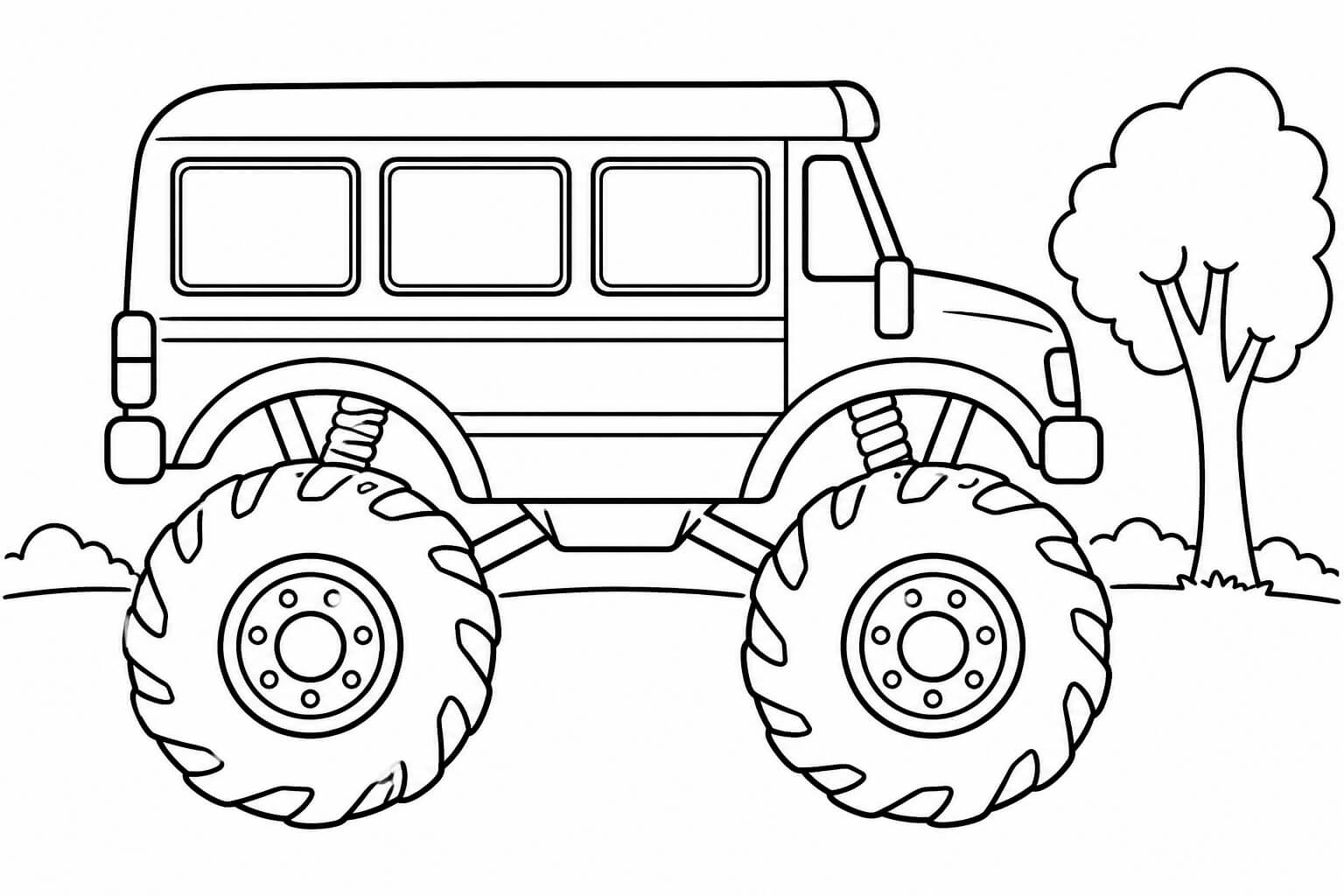 Ônibus escolar com pneus gigantes — desenho para colorir em preto e branco