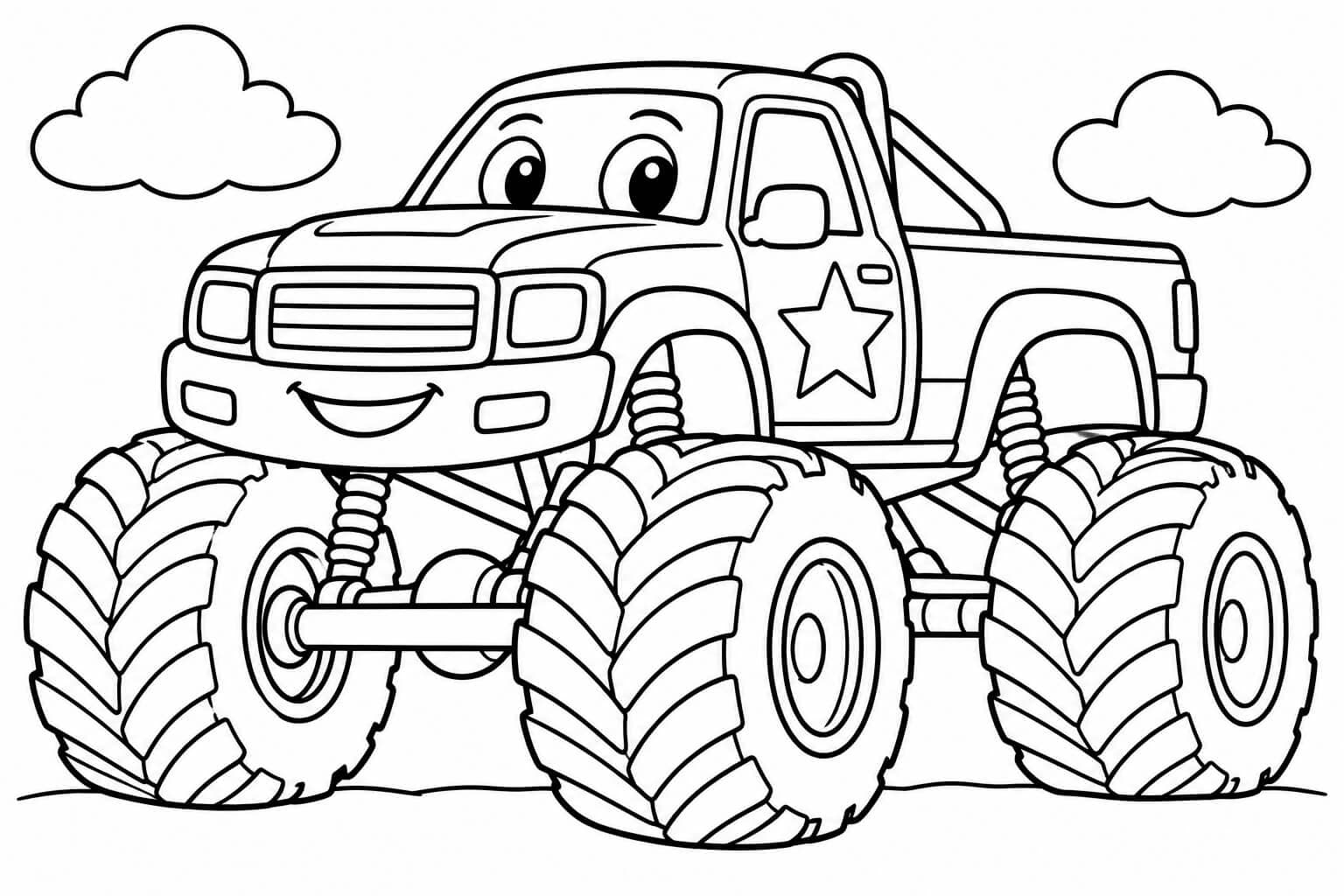 Monster truck com pneus gigantes — desenho para colorir em preto e branco