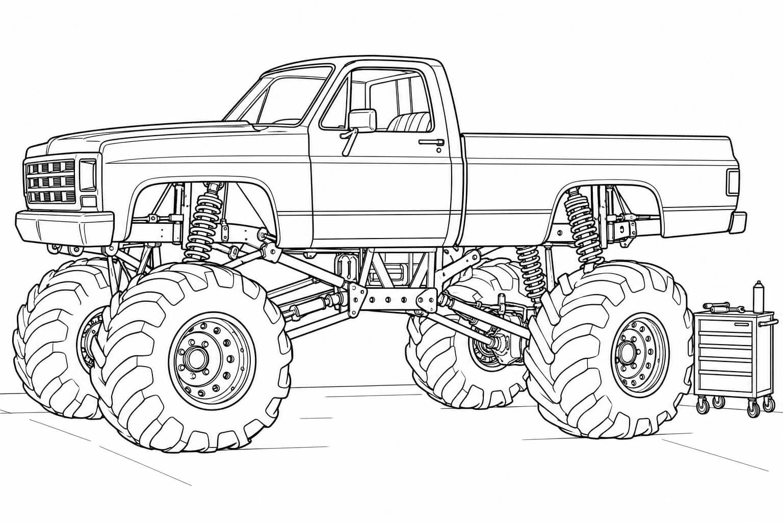 Monster truck realista na oficina — desenho para colorir em preto e branco