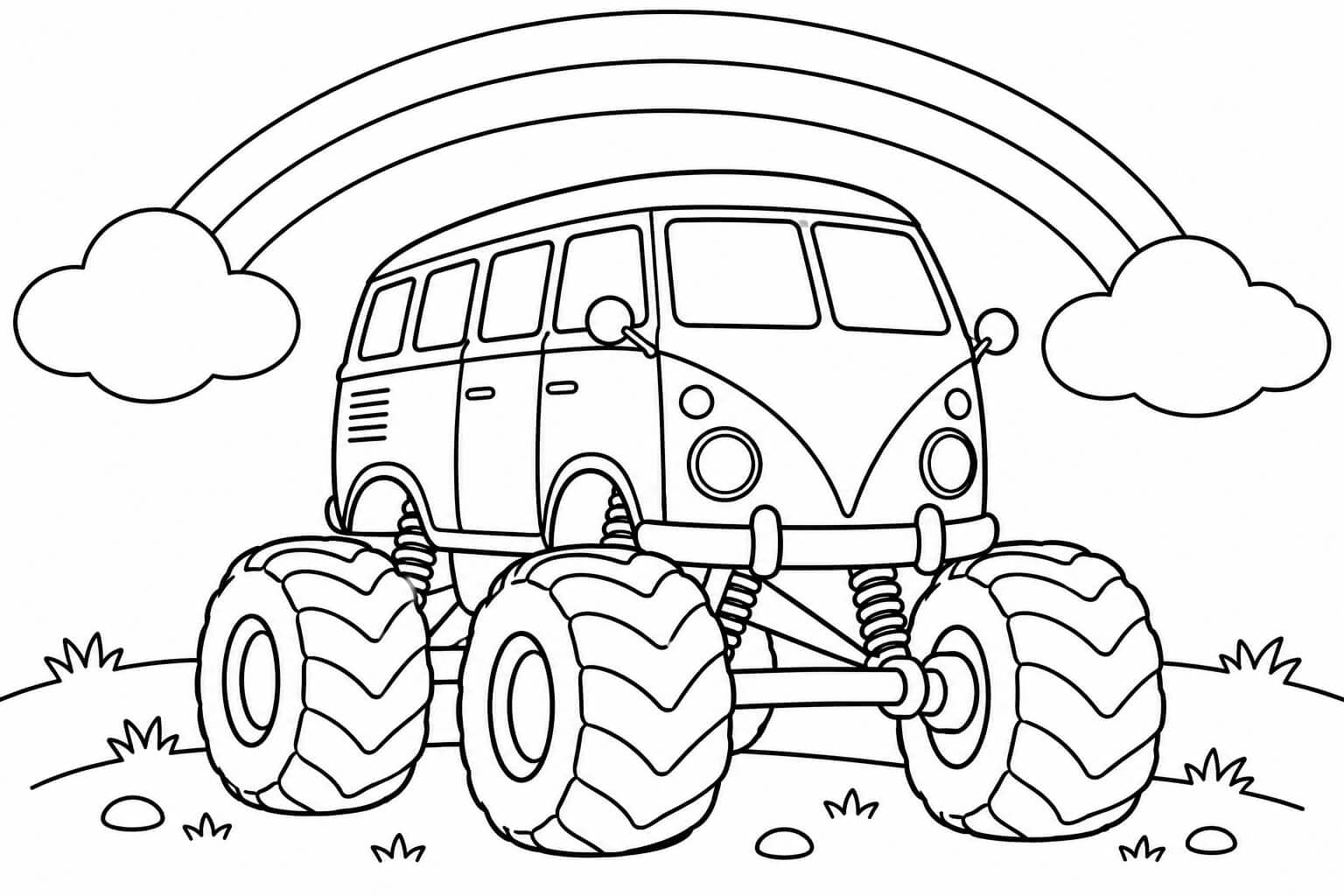 Monster truck sob o arco-íris — desenho para colorir em preto e branco