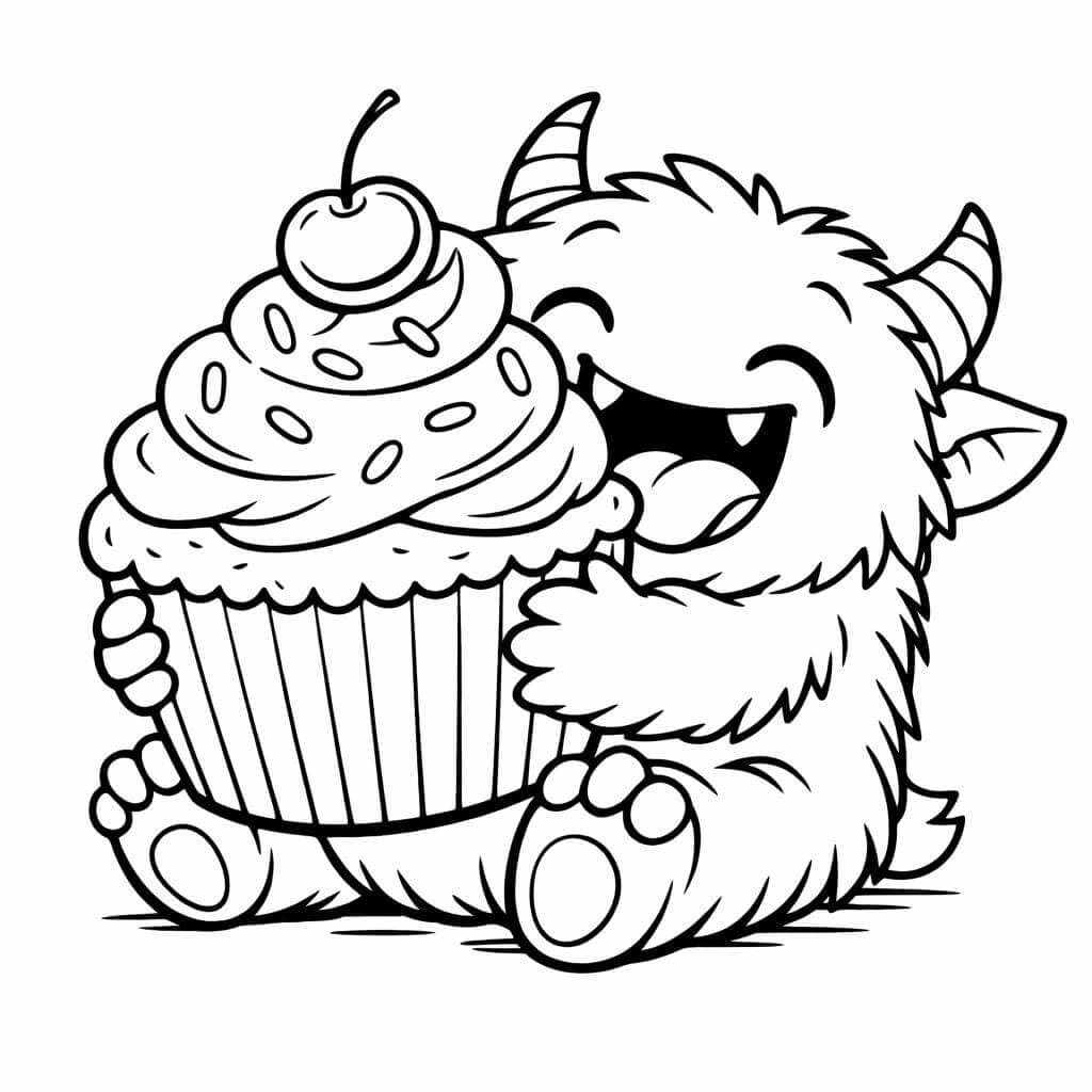 Monstro comendo cupcake para colorir
