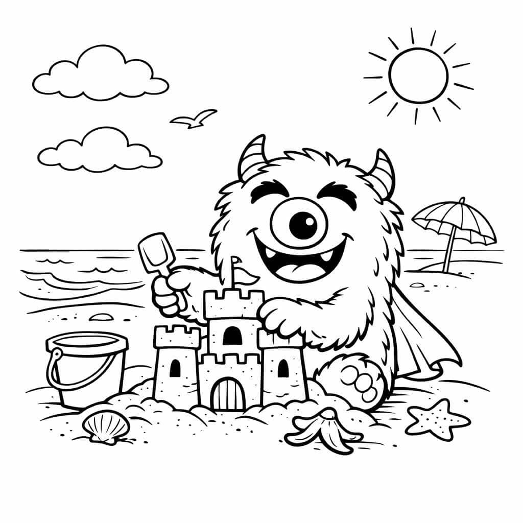 Monstro construindo castelo de areia para colorir
