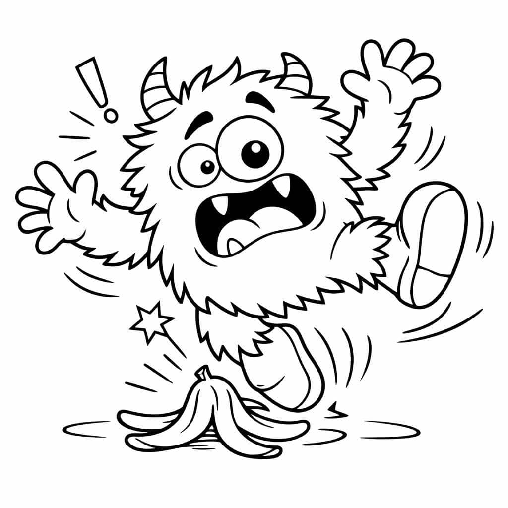 Monstro escorregando em casca de banana para colorir