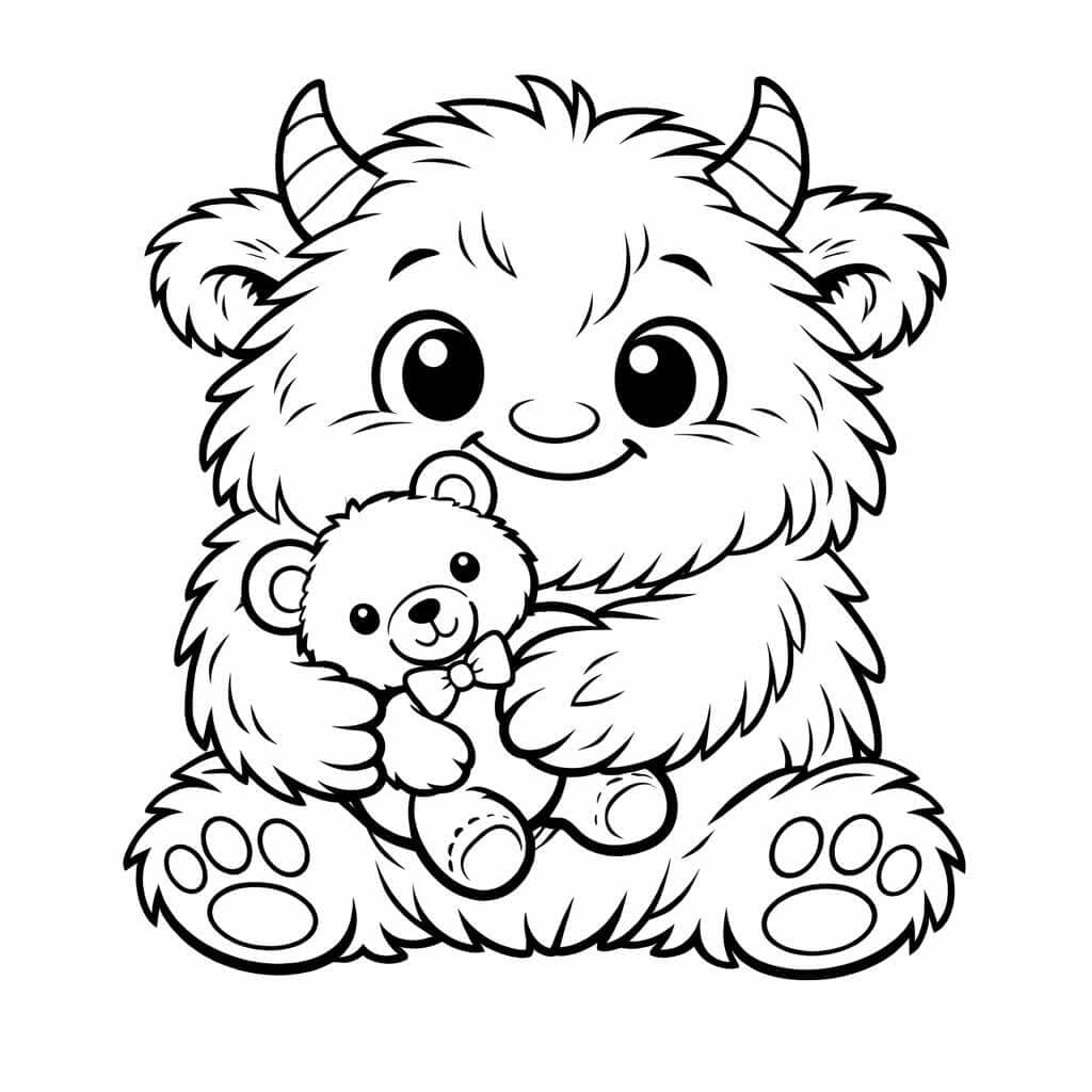 Monstro fofo abraçando ursinho para colorir