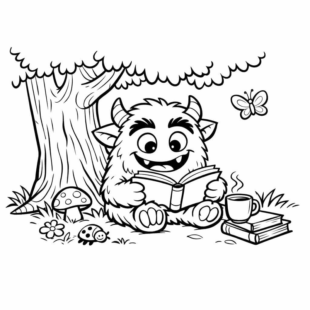 Monstro lendo livro para colorir