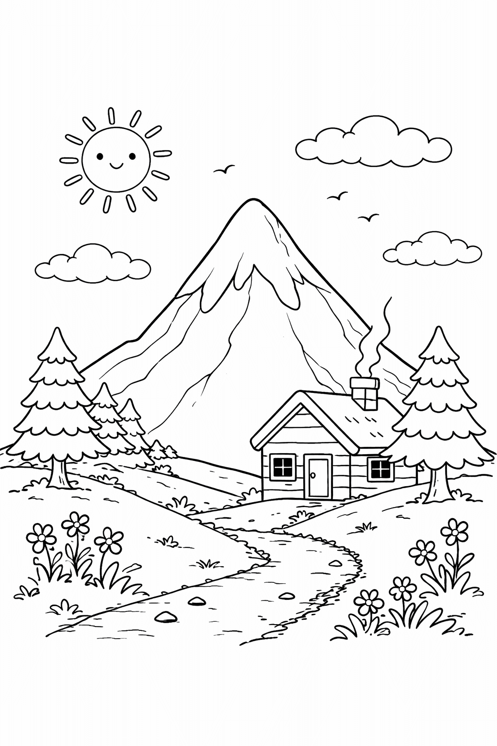 Montanha com cabana para colorir
