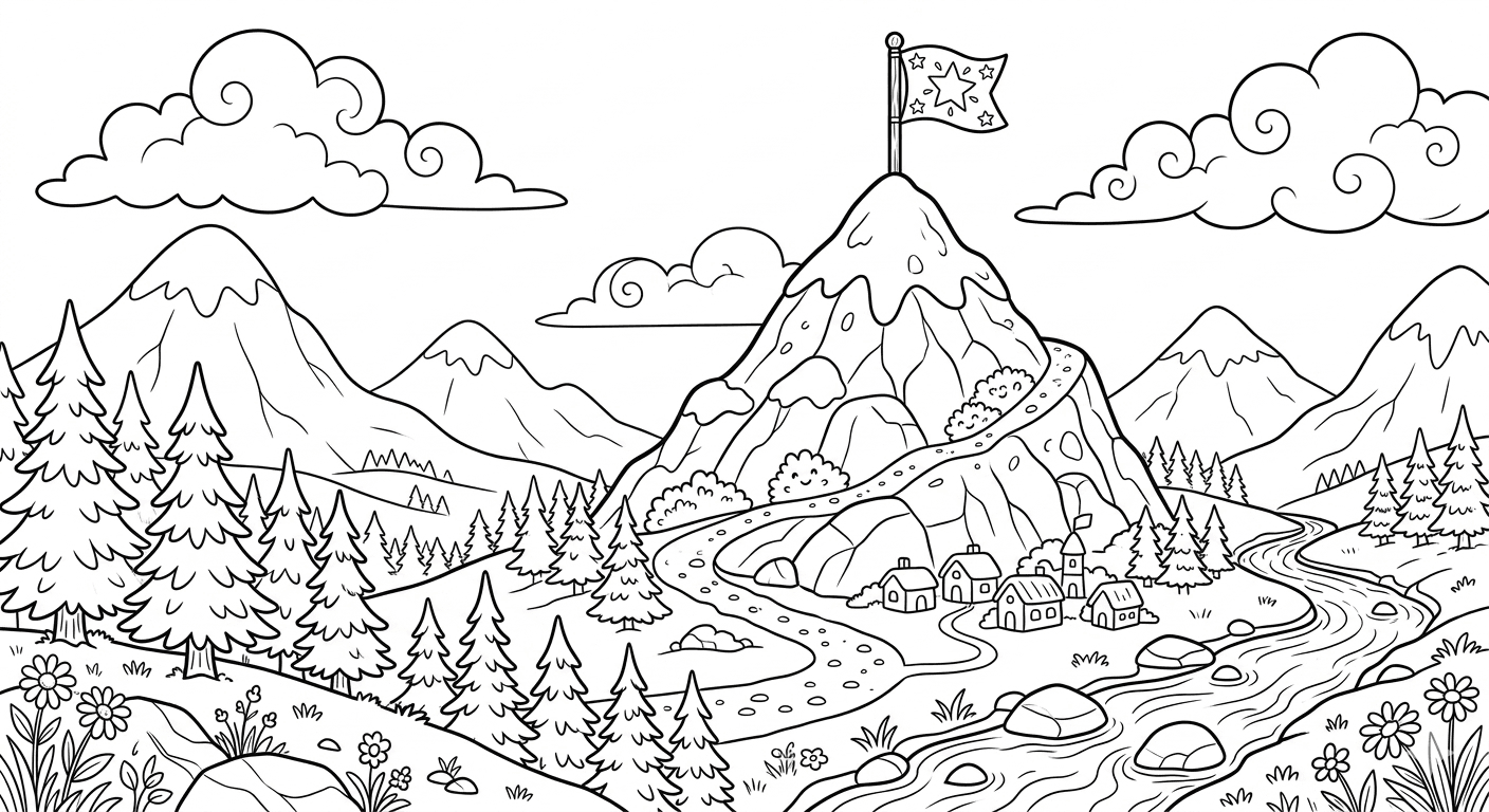 Montanha com bandeira para colorir