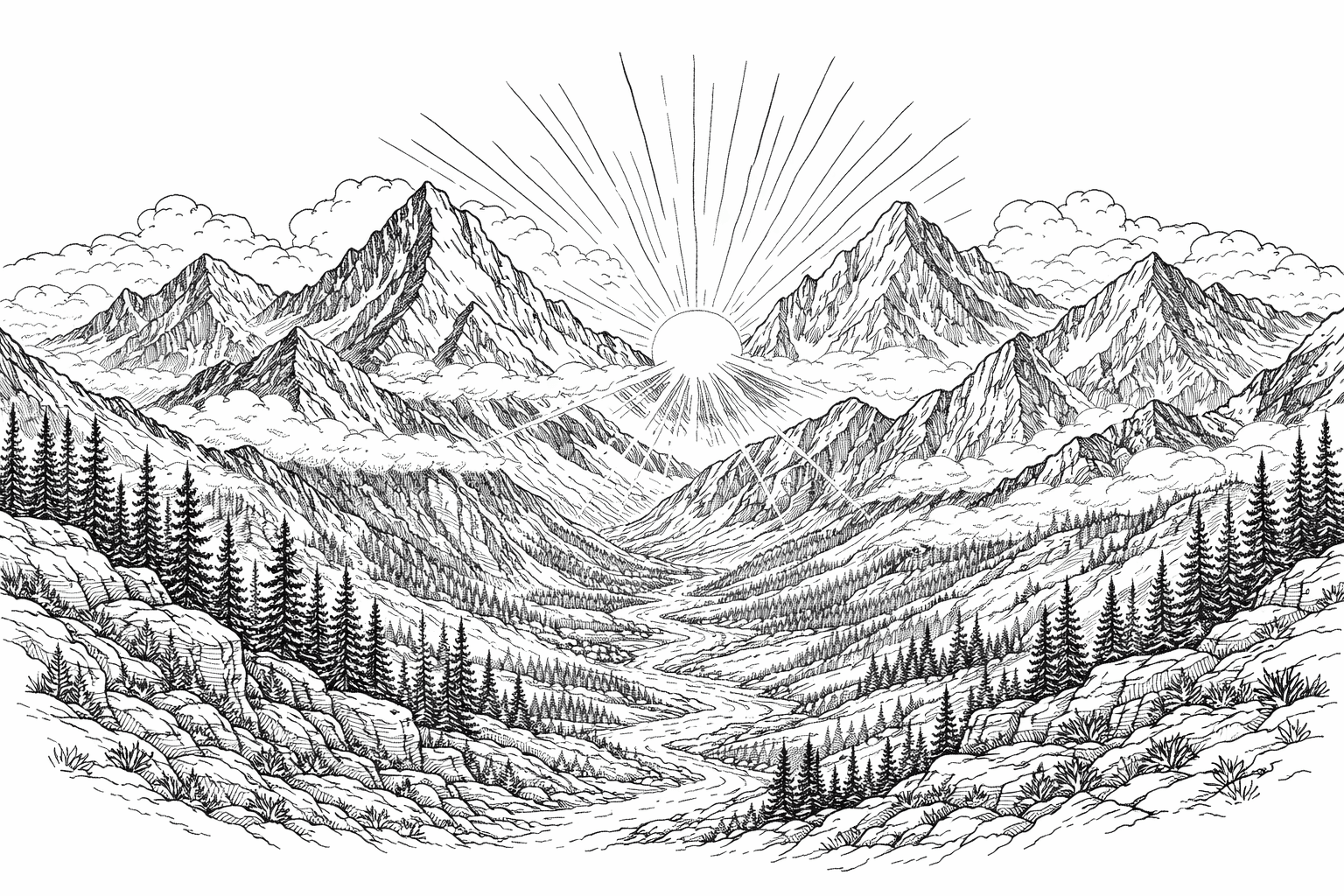 Montanha ao nascer do sol para colorir