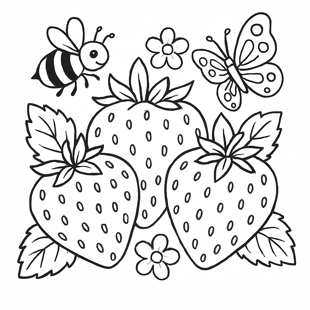 Morangos com abelhas e borboletas para colorir