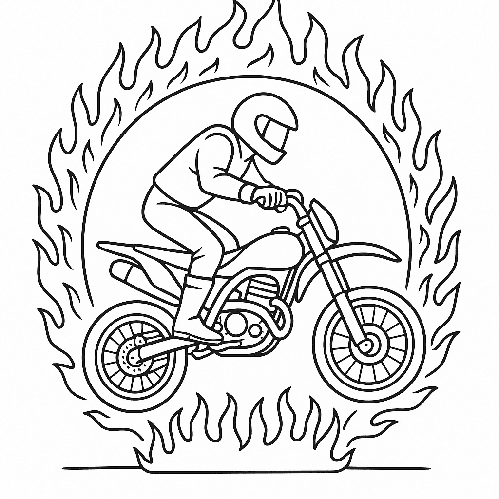 Motoqueiro com arco de fogo para colorir