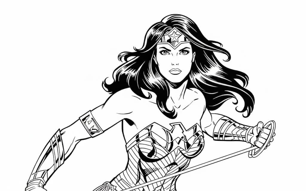 Mulher Maravilha em ataque para colorir