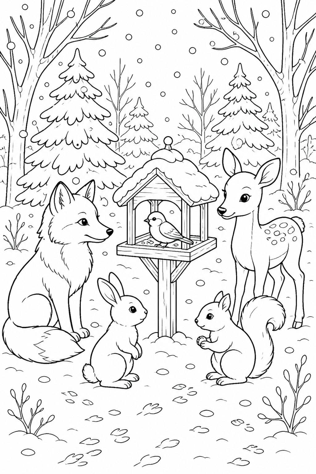 Animais na floresta nevada para colorir
