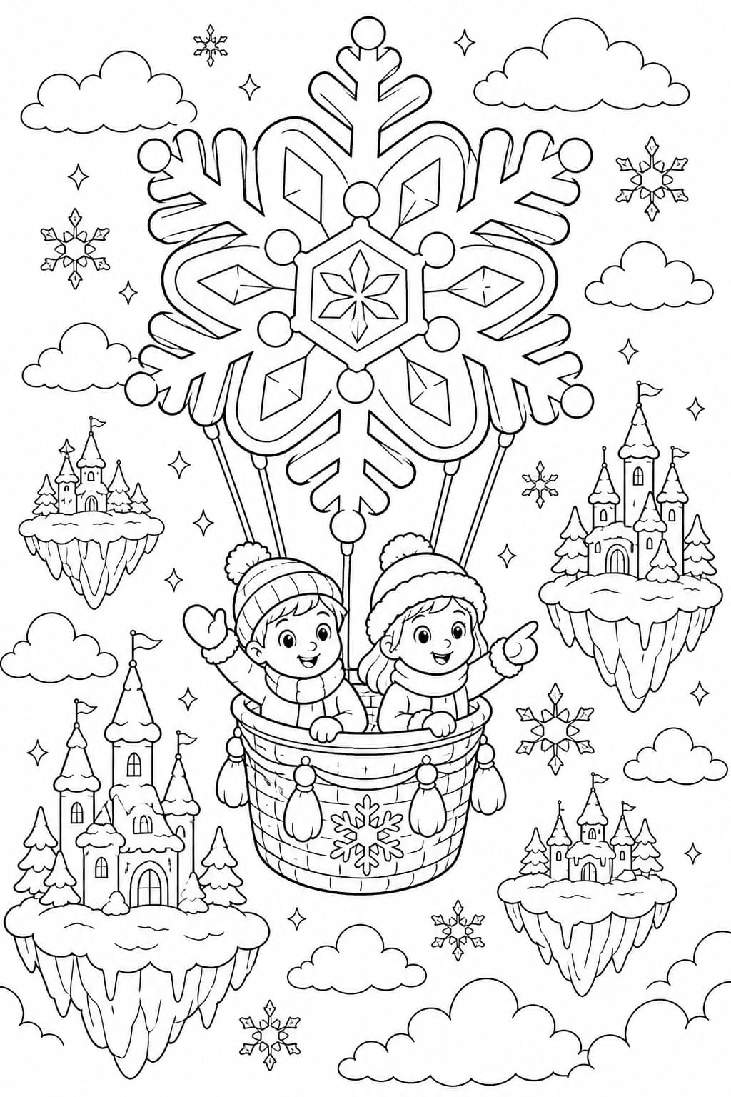 Balão de ar quente com flocos de neve para colorir
