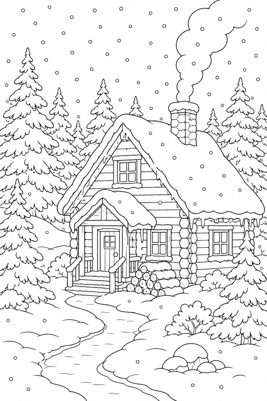 Cabana na floresta nevada para colorir