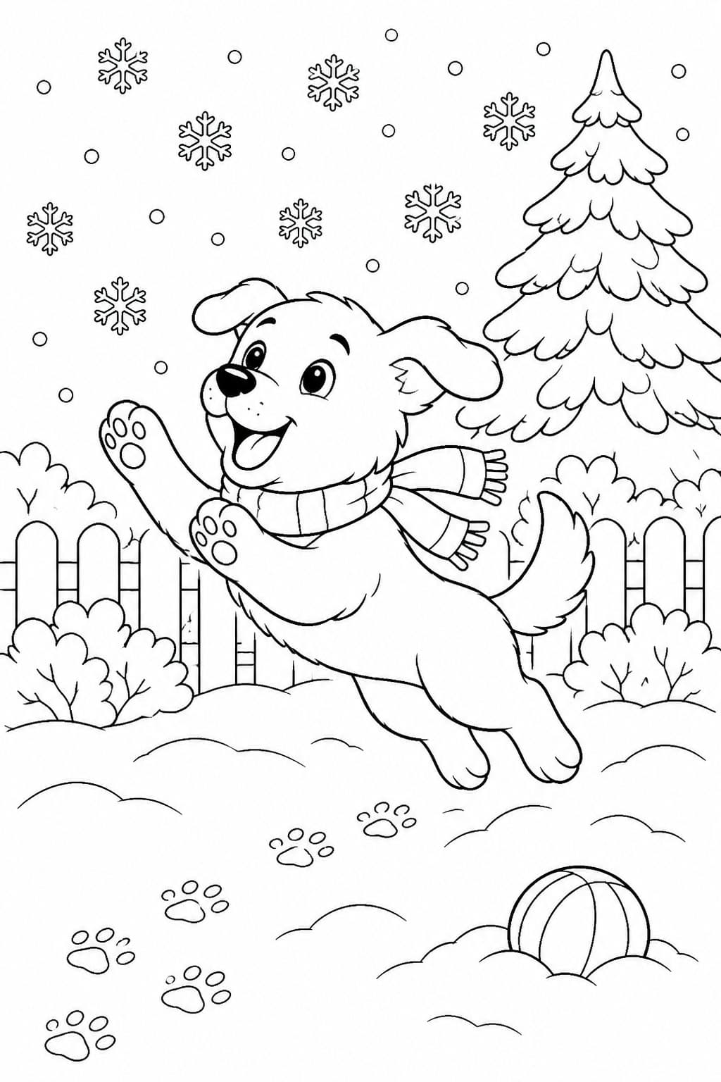 Cachorro brincando na neve para colorir