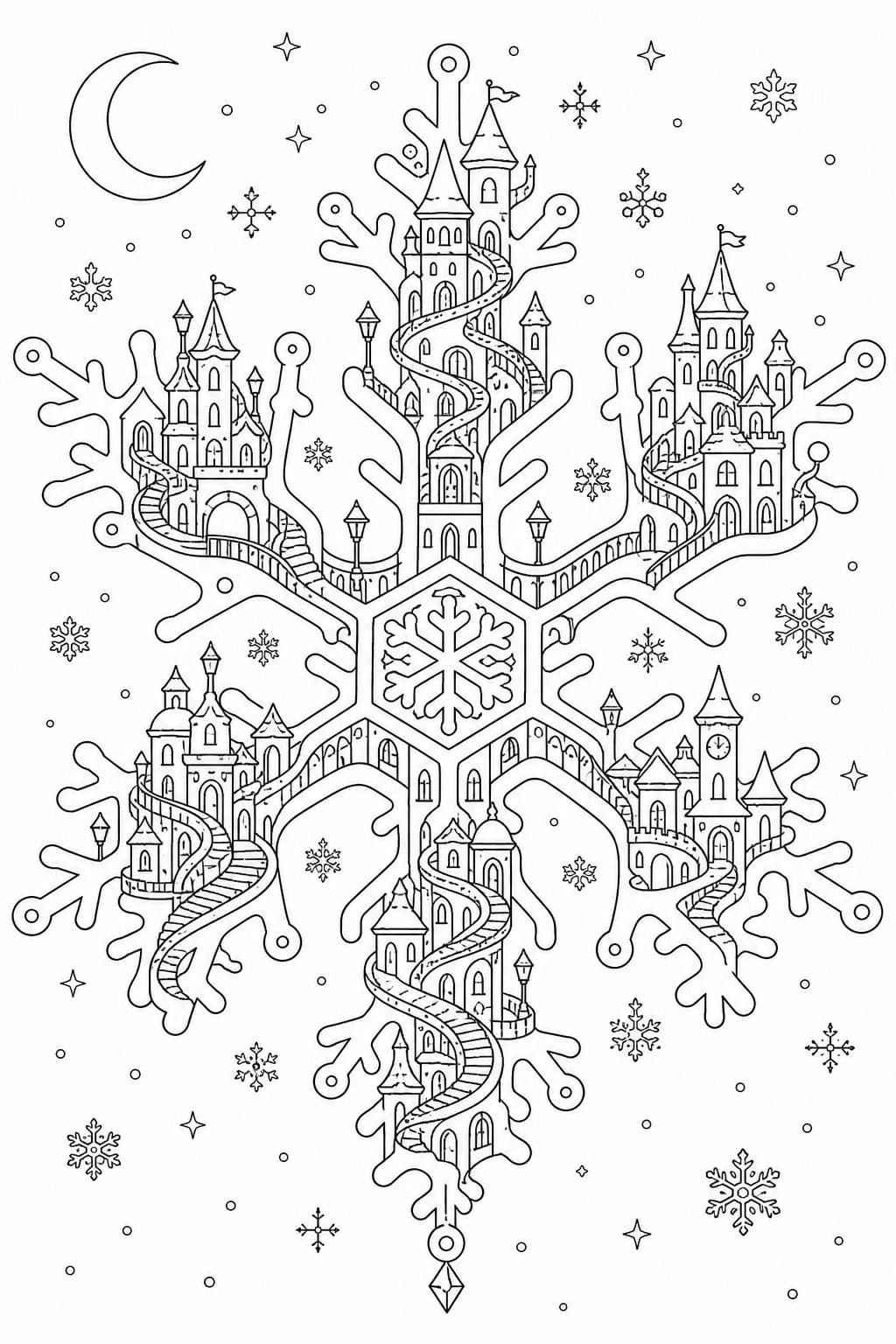 Cidade fantástica dentro de um floco de neve para colorir