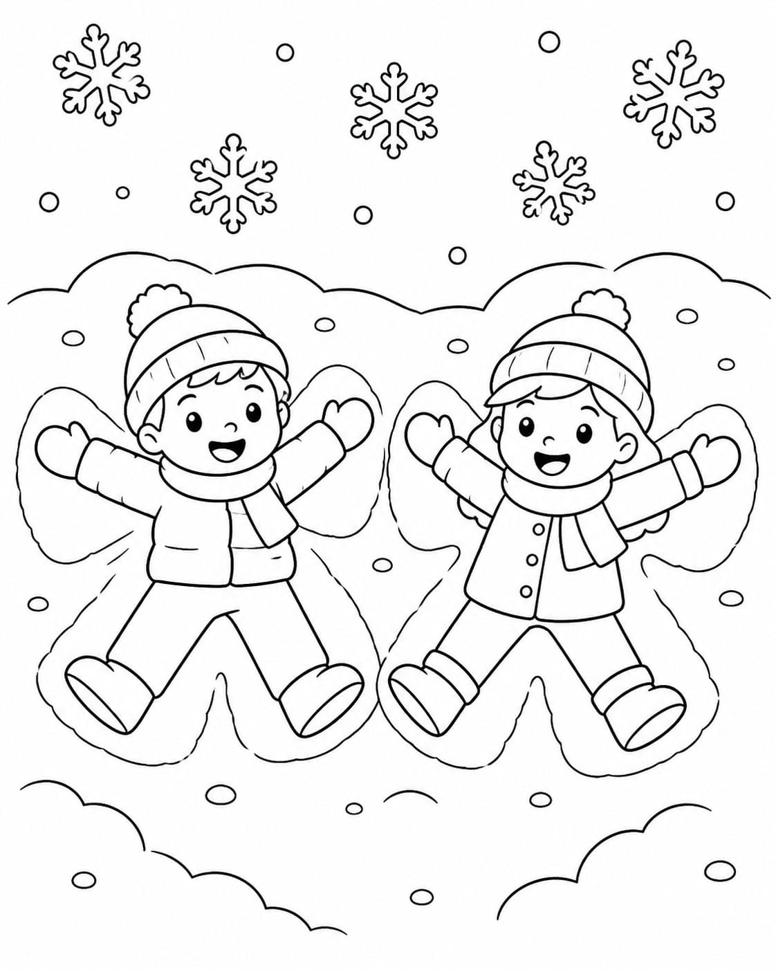 Crianças fazendo anjo na neve para colorir