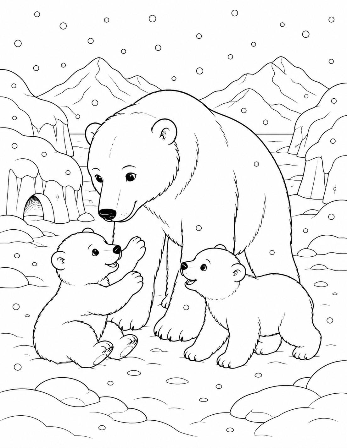 Família de ursos polares na neve para colorir