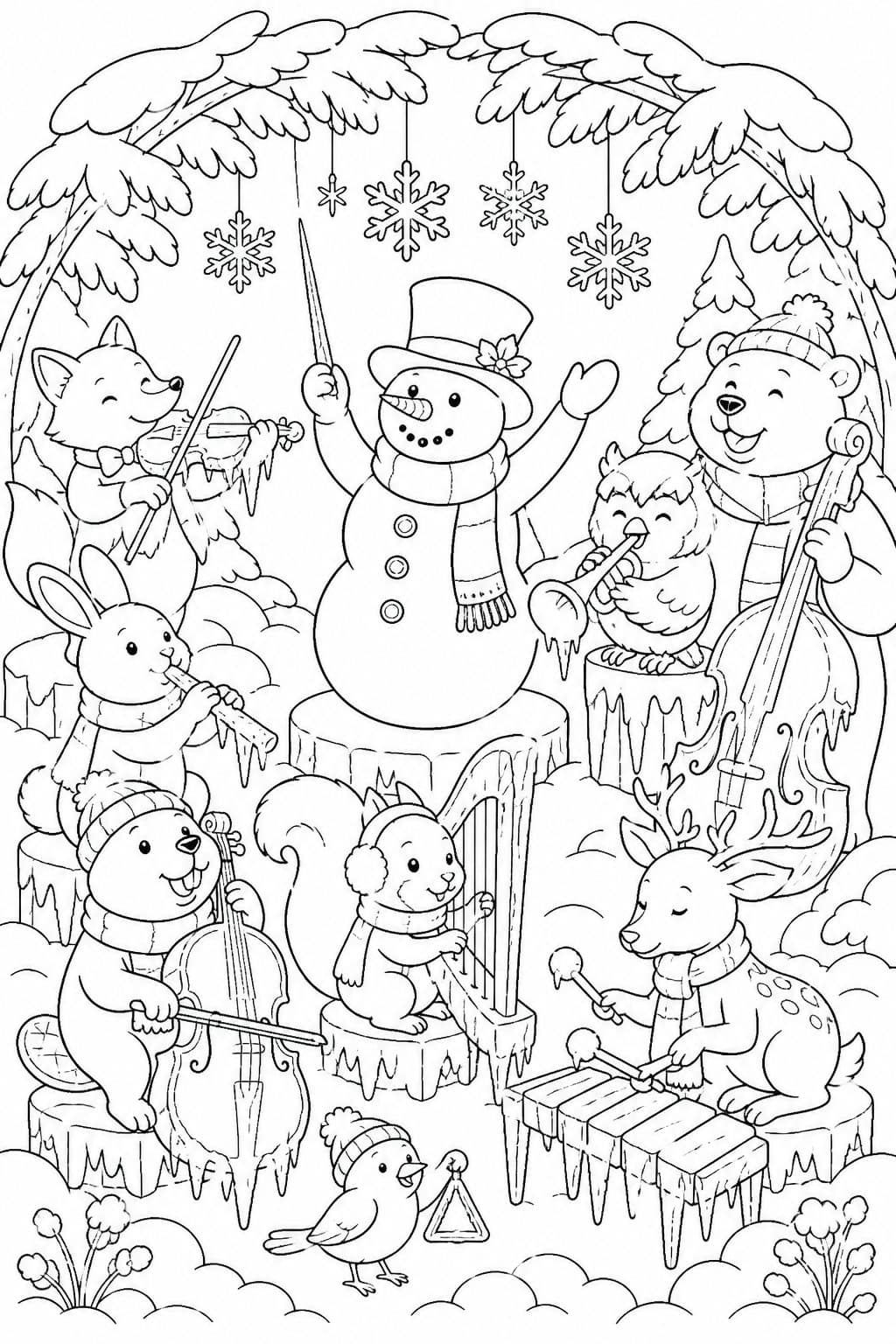 Orquestra de inverno na neve para colorir
