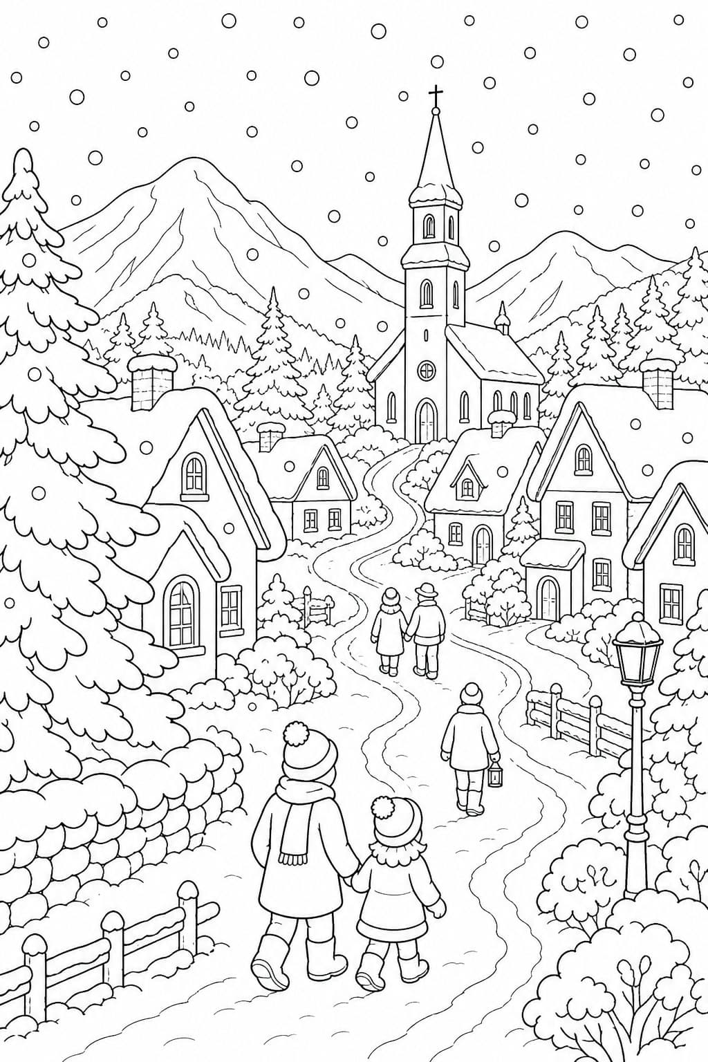 Vilarejo coberto de neve para colorir