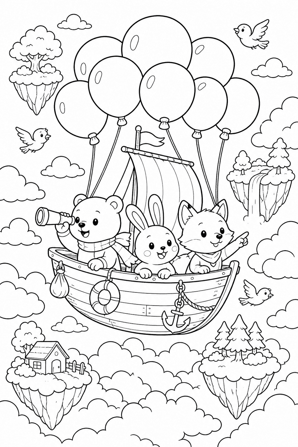 Animais em barco voador entre nuvens para colorir
