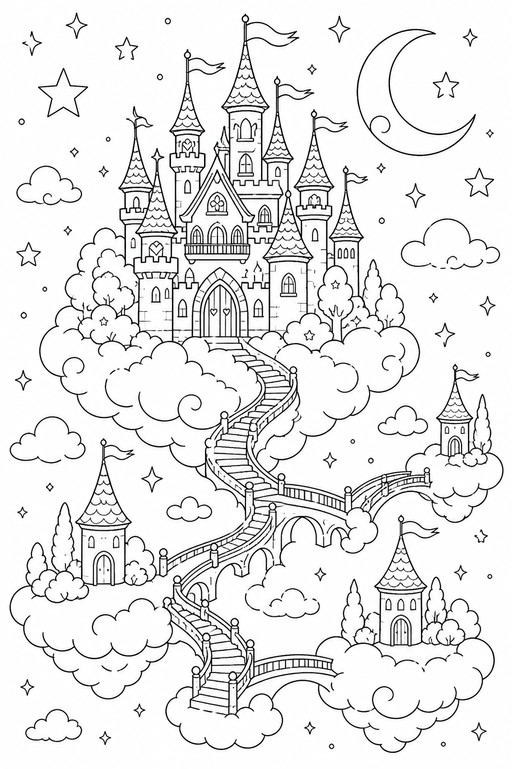 Castelo fantástico flutuando nas nuvens para colorir