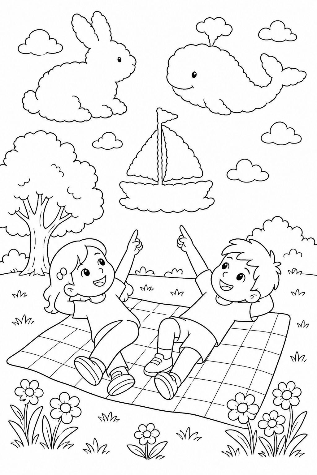 Crianças vendo formas nas nuvens para colorir
