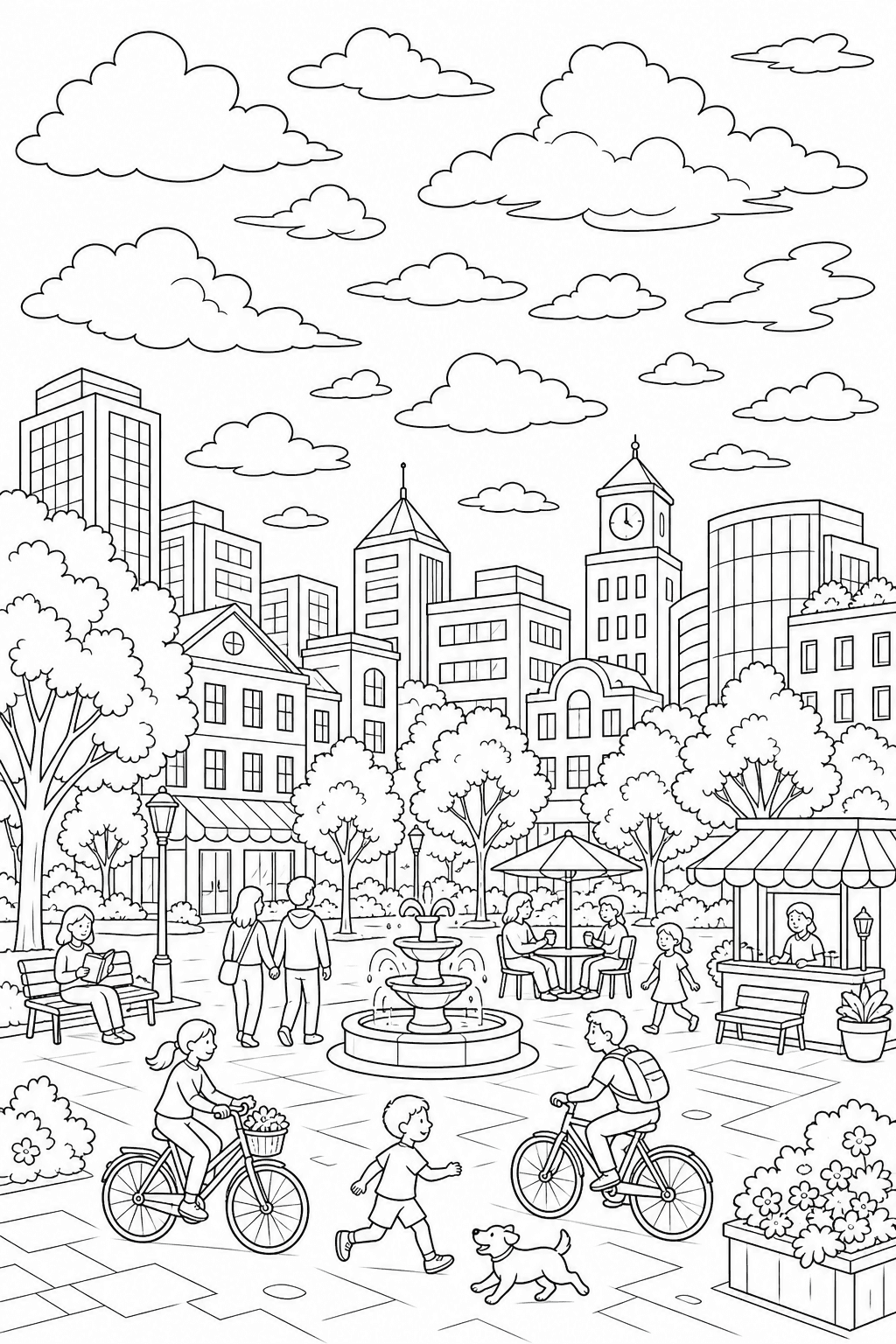 Nuvens sobre uma cidade com prédios e praça para colorir