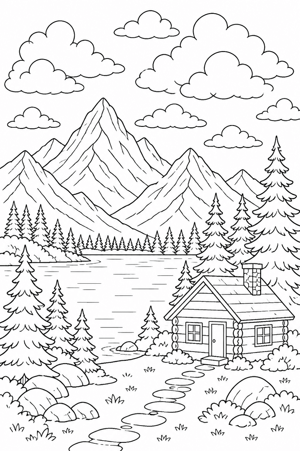 Nuvens sobre montanhas e lago para colorir