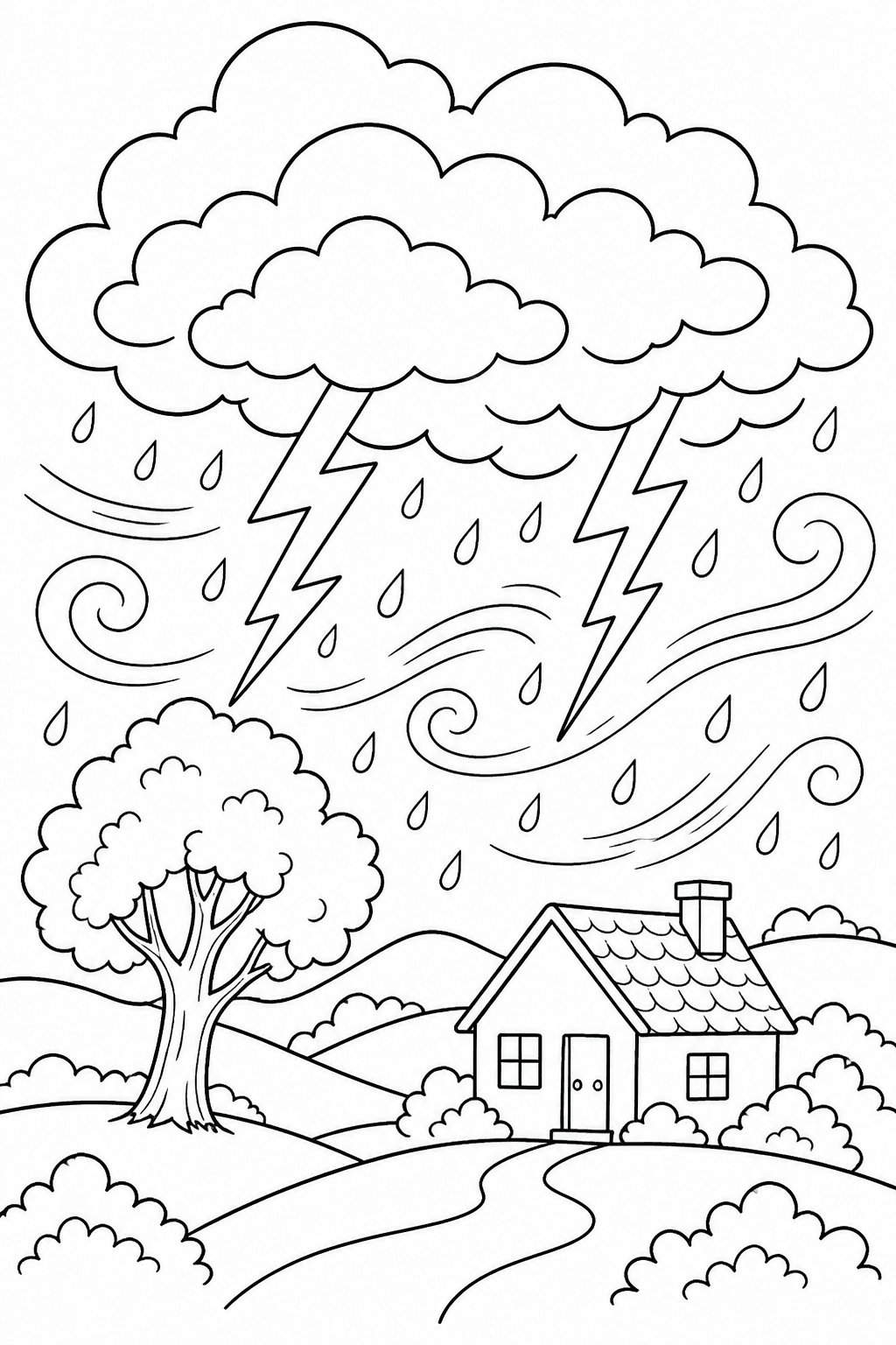 Nuvens de tempestade com chuva e relâmpagos para colorir