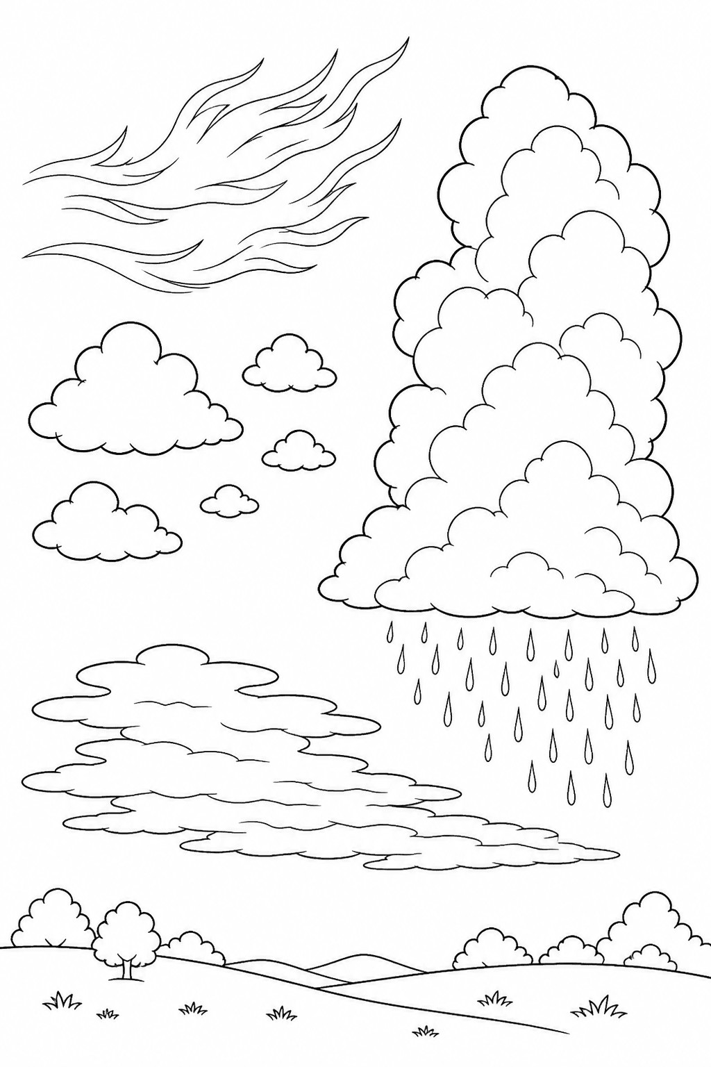 Diferentes tipos e formatos de nuvens para colorir