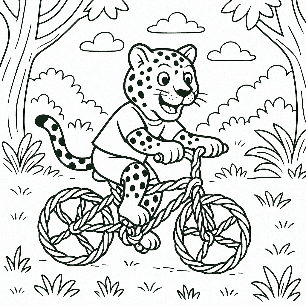 Onça andando de bicicleta feita de cipós para colorir