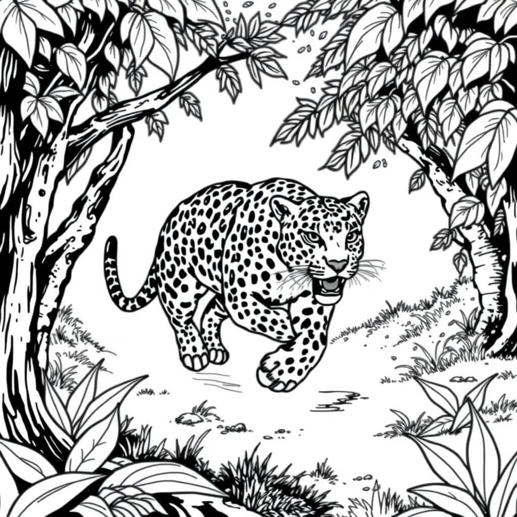 Onça correndo na floresta para colorir