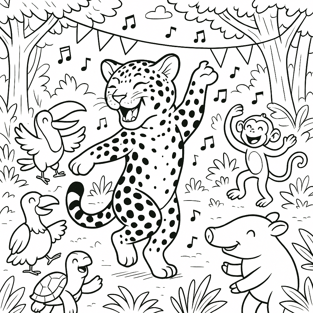 Onça dançando na floresta para colorir