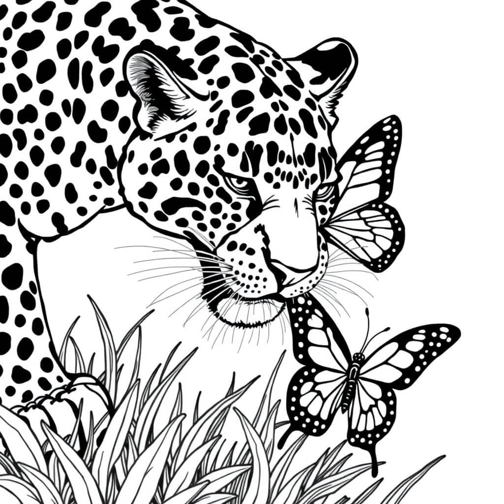 Onça e borboletas para colorir