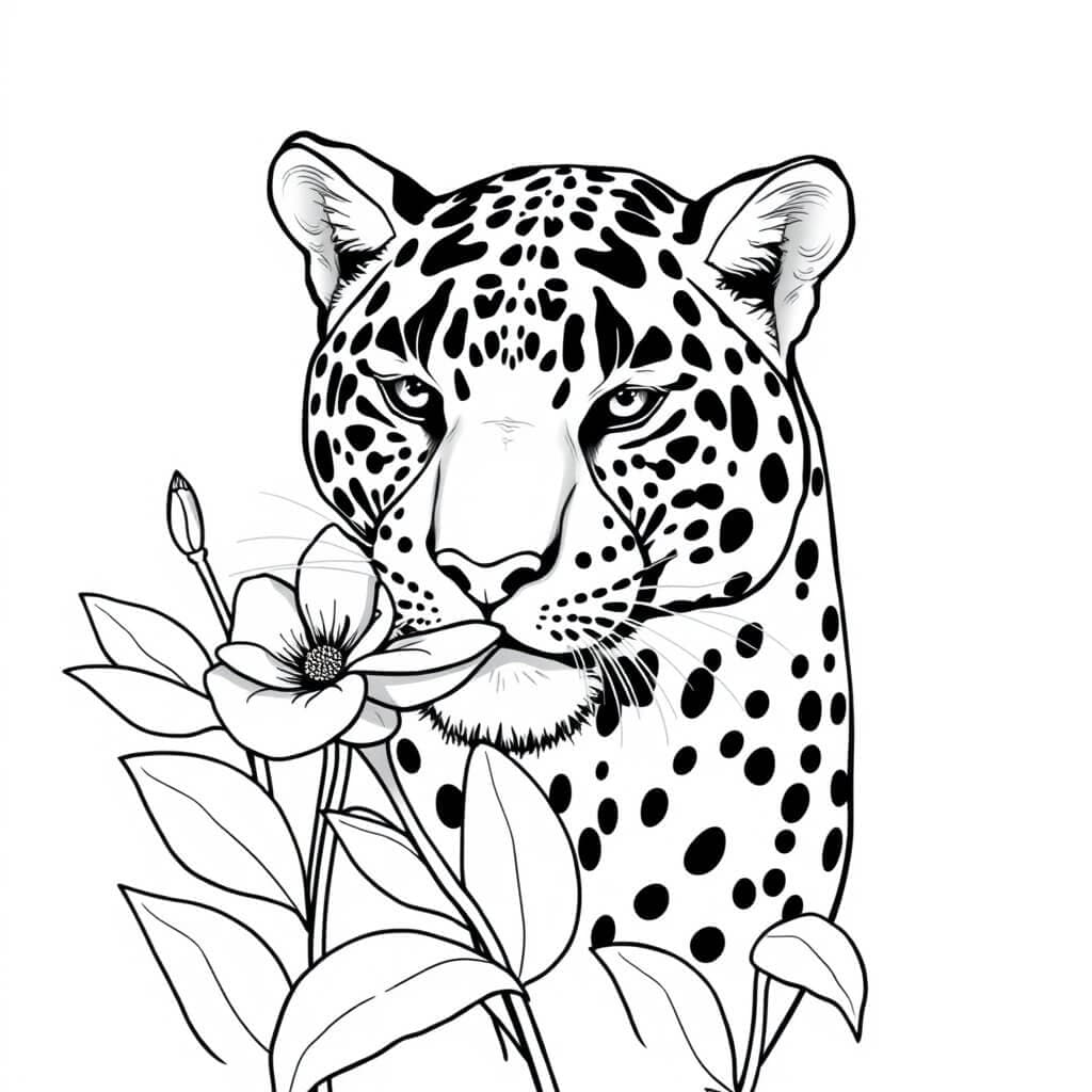Onça e flor para colorir
