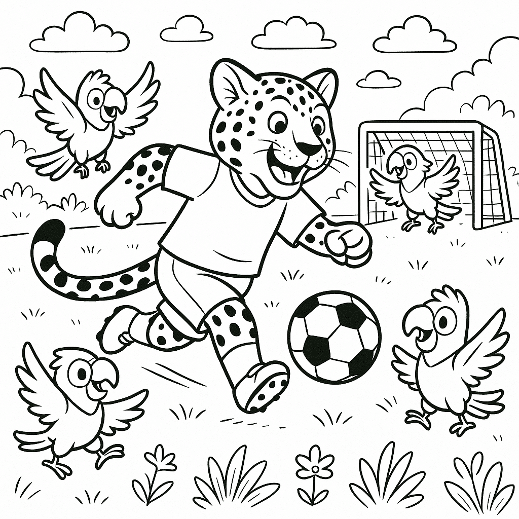 Onça jogando futebol com papagaios para colorir