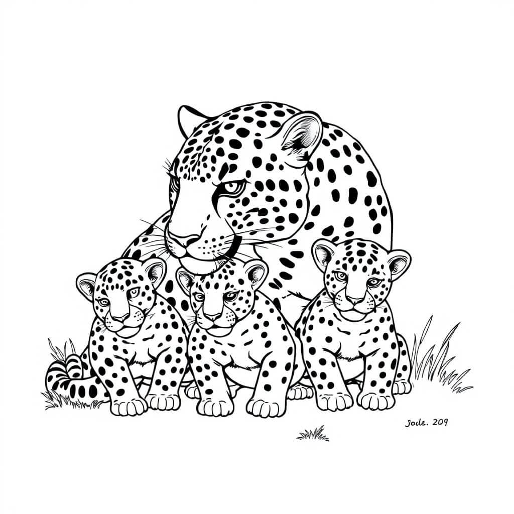Onça mamãe e seus filhotes para colorir