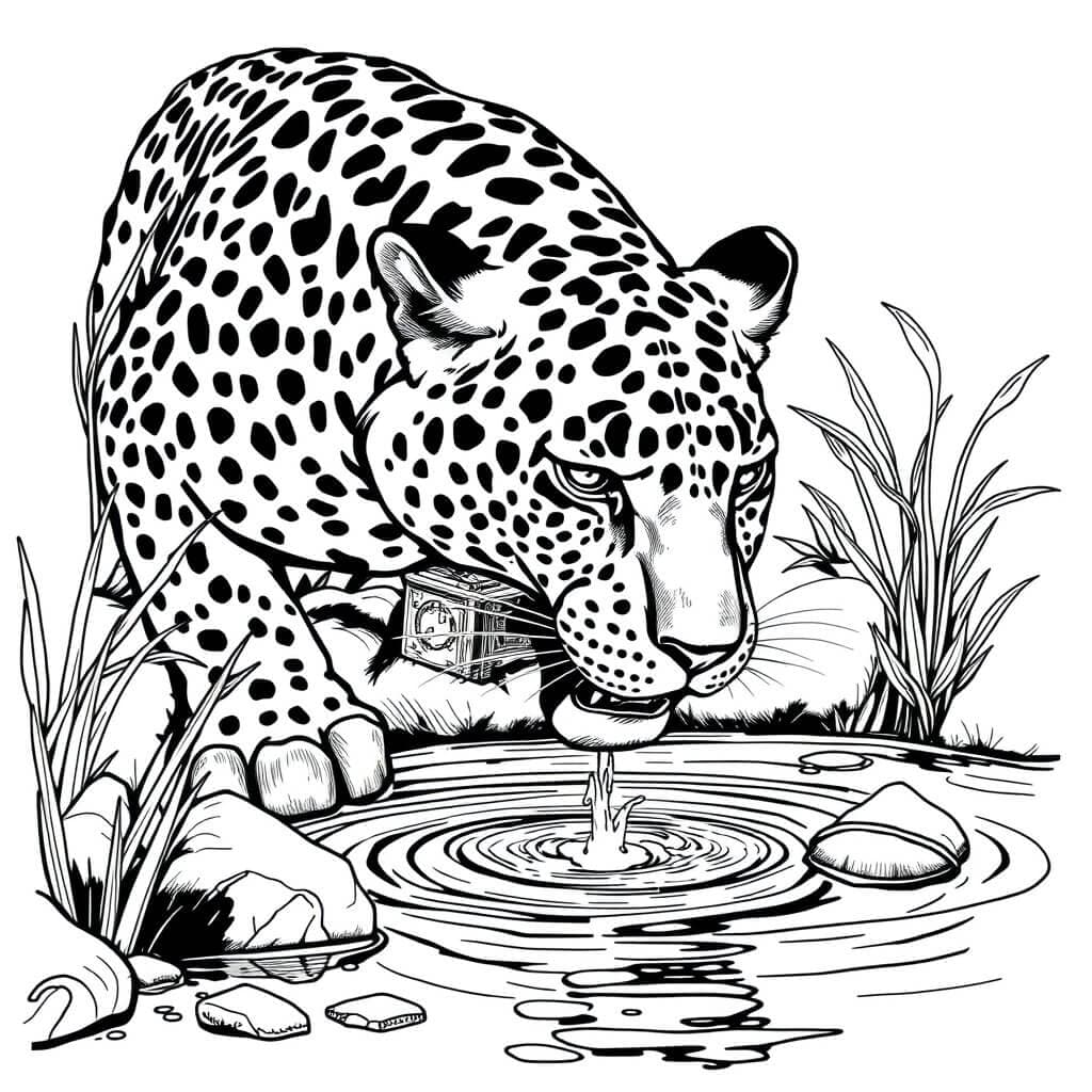 Onça tomando água no rio para colorir