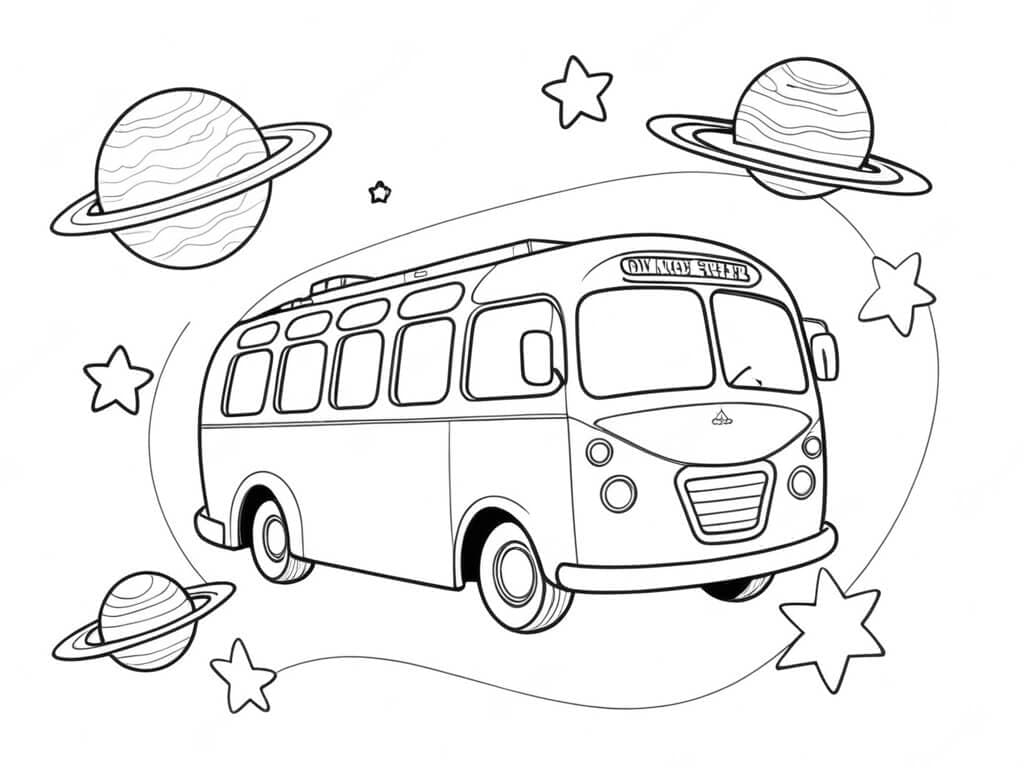 Ônibus voando no espaço sideral para colorir