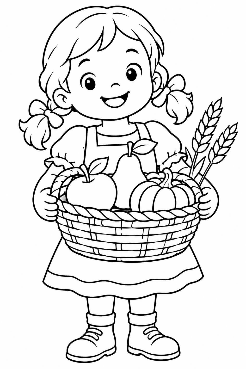 Criança com cesta da colheita para colorir