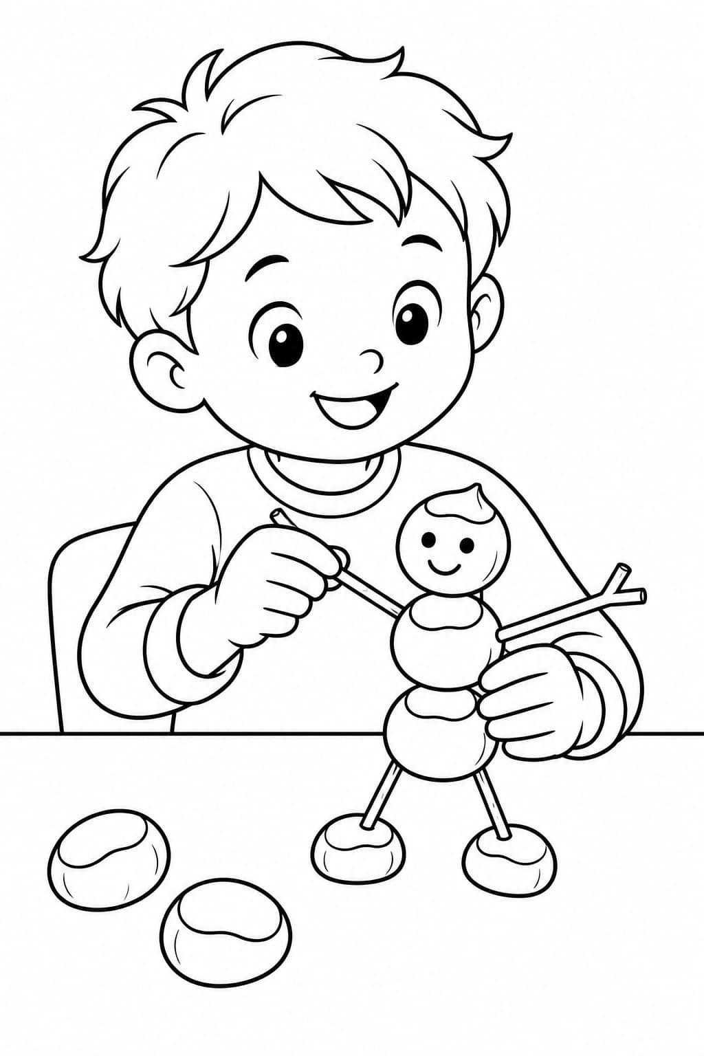 Criança fazendo boneco de castanhas para colorir