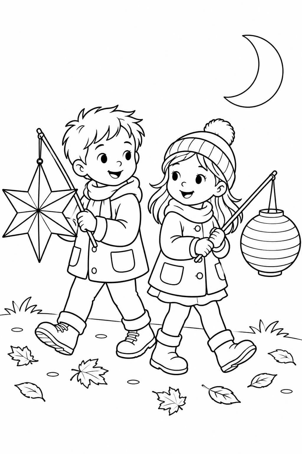 Crianças com lanternas para colorir