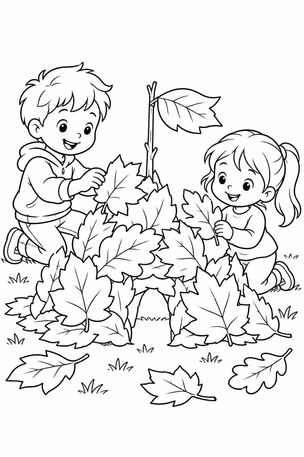 Crianças construindo castelo de folhas para colorir
