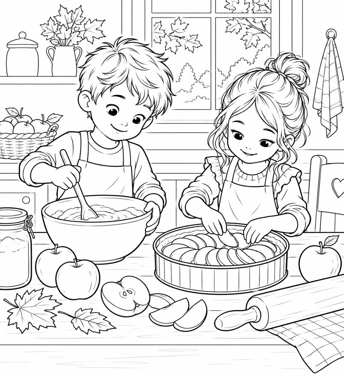 Crianças fazendo torta de maçã para colorir