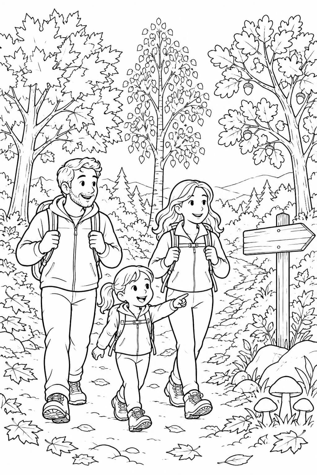 Família na floresta de outono para colorir
